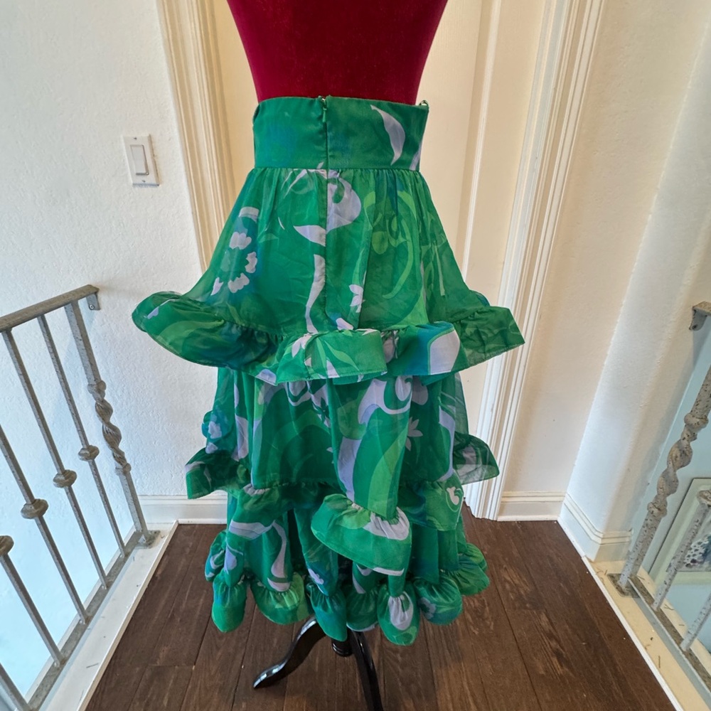 🦄 NWT Mac Duggal Sz 2 Printed Chiffon Green Floral A-Line Tiered Ruffle Skirt - Picture 10 of 16